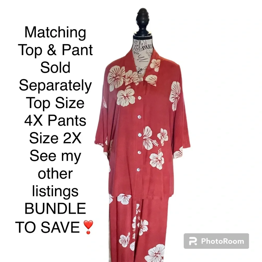 Sarong Coral Hawaiian Pant with Cream Hibiscus Flower Print 🌺 Plus Size 2X - Picture 6 of 6